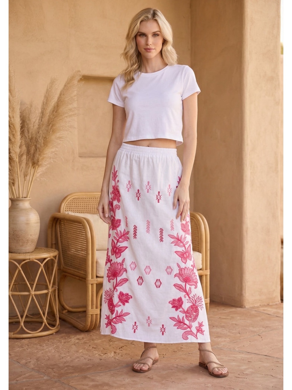 NWT Johnny Was JWLA Embroidered Linen Maxi Skirt M White Pink Boho High Slits